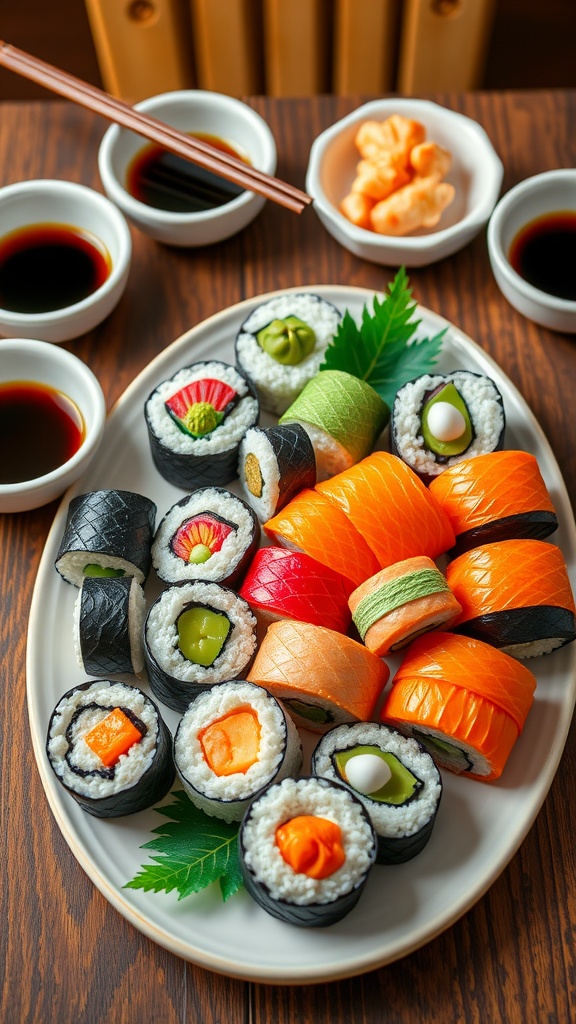 A vibrant platter of sushi ornaments shaped like stars and hearts, accompanied by soy sauce and garnished with wasabi.